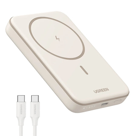 5000Mah Wireless Power Bank, Fast Charging Portable Charger, with USB-C Cable, White