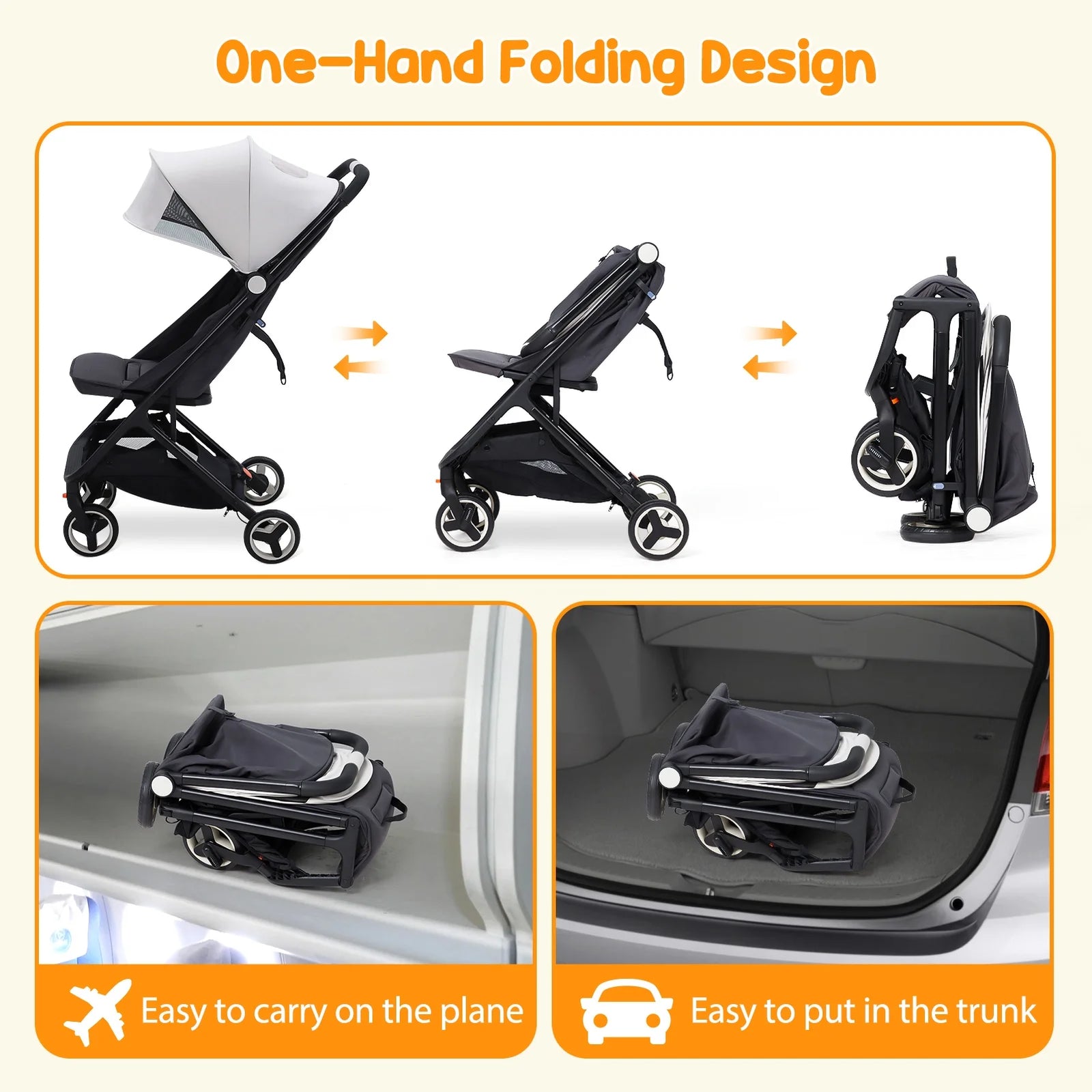 Lightweight Stroller, Compact One-Hand Fold Travel Stroller for Airplane Friendly, Reclining Seat and Canopy