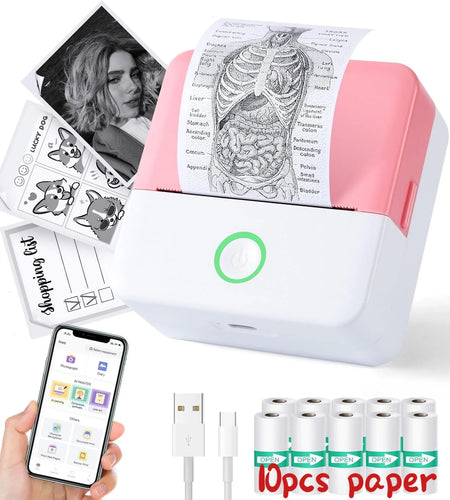 Thermal Mini Printer, Portable Inkless Bluetooth Sticker Maker with 10 Rolls Paper, Pink