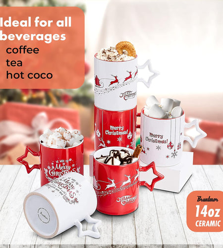Red & White Christmas Coffee Mugs with Star Handle Set of 6 | Large-Sized Christmas Mugs 14 Ounce New Year Holidays Novelty Christmas Cups - Decorative DIY Christmas Cute Mugs for Hot or Cold