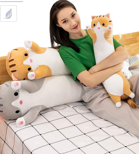 Cute Cat Plush Long Body Pillow Cuddle Cartoon Stuffed Animals Cat Plushie Soft Doll Pillows Gifts for Kids Girls (Orange, 19")