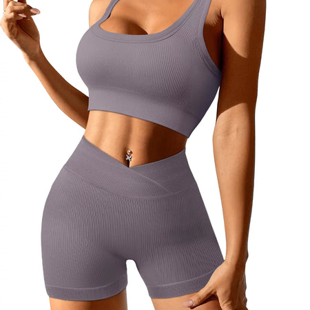 Workout 2 Pcs Outfits for Women Seamless Tank Top Bodycon Pants Shorts Set Solid Color Tracksuit Active Sportwear