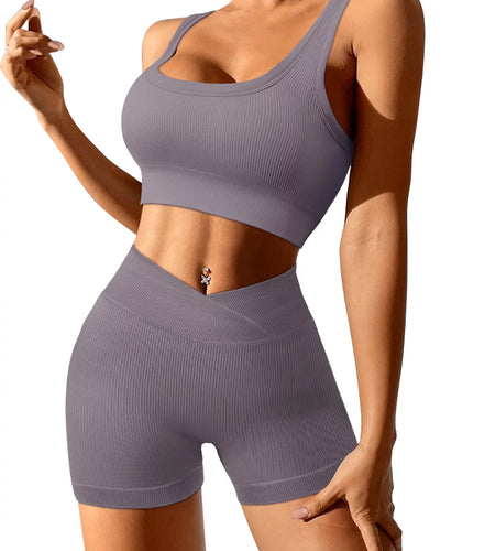 Workout 2 Pcs Outfits for Women Seamless Tank Top Bodycon Pants Shorts Set Solid Color Tracksuit Active Sportwear