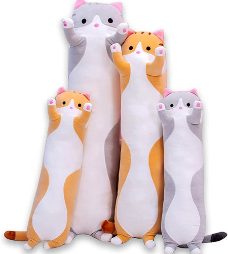Cute Cat Plush Long Body Pillow Cuddle Cartoon Stuffed Animals Cat Plushie Soft Doll Pillows Gifts for Kids Girls (Orange, 19")