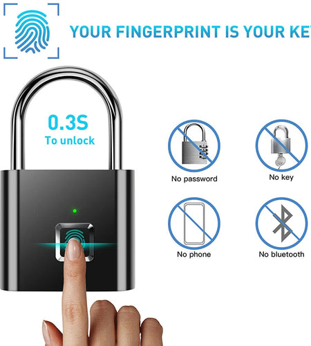 Black Silver USB Rechargeable Door Smart Lock Fingerprint Padlock Quick Unlock Zinc Alloy Metal High Identify Security Lock