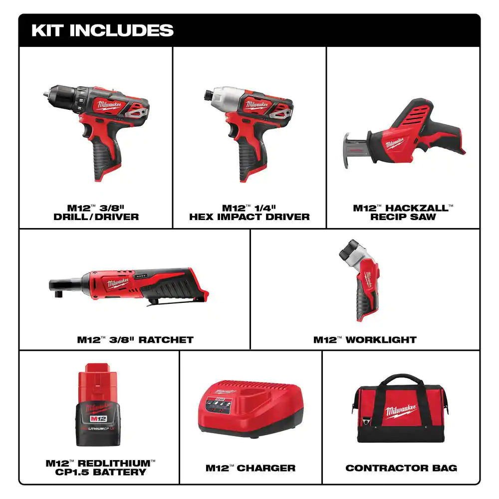 M12 12V Lithium-Ion Cordless Combo Kit (5-Tool) with Two 1.5 Ah Batteries, Charger and Tool Bag