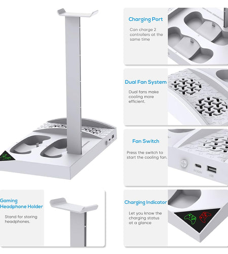 Charger Stand with Cooling Fan for Xbox Series S Console and Controller,Vertical Dual Charging Dock Accessories with 2 X 1400Mah Rechargeable Battery and Cover, Earphone Bracket for XSS