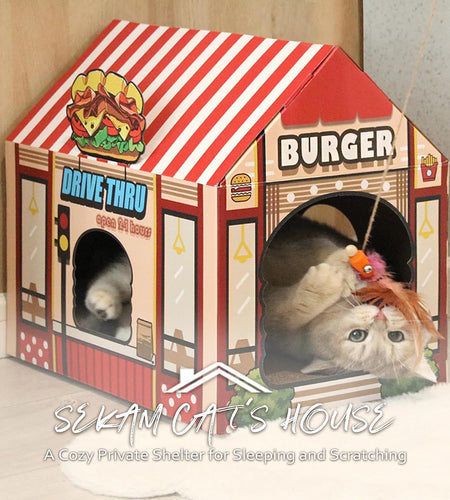 Cardboard Cat House with Scratcher/Catnip,(16.5''X12''X15'') Kitty Burger Shop for Indoor/Outdoor Cats,Cat Play House&Home Decor,Cat Scratch Toy for Cat Birthday,Hideout for Bunny&Small Animals