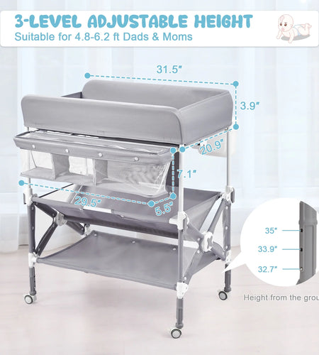 Portable Baby Changing Table with Wheels,Adjustable Height ,Foldable Diaper Change Table with Cleaning Bucket , Nursery Organizer & 2 Tier Storage Rack, Infant Newborn Mobile Nursery Organizer