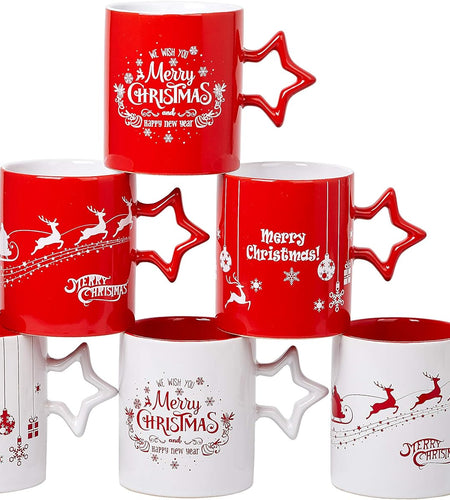 Red & White Christmas Coffee Mugs with Star Handle Set of 6 | Large-Sized Christmas Mugs 14 Ounce New Year Holidays Novelty Christmas Cups - Decorative DIY Christmas Cute Mugs for Hot or Cold