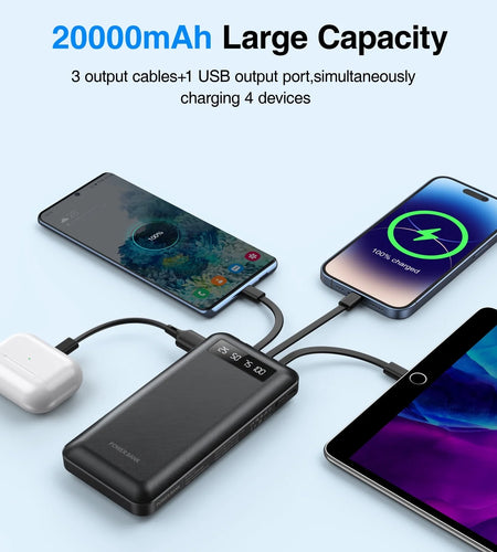 20000Mah Power Bank Portable Charger with Cables, USB Battery Pack Compatible with Iphone & Android Cell Phone