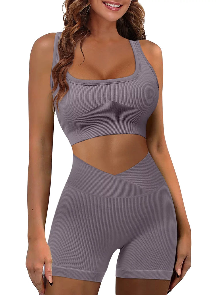 Women’s 2-Piece Ribbed Workout Set – Seamless Sports Bra & High-Waist Shorts In Merigold - View #2