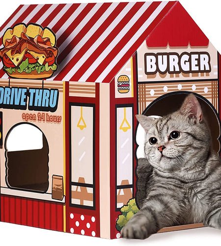 Cardboard Cat House with Scratcher/Catnip,(16.5''X12''X15'') Kitty Burger Shop for Indoor/Outdoor Cats,Cat Play House&Home Decor,Cat Scratch Toy for Cat Birthday,Hideout for Bunny&Small Animals