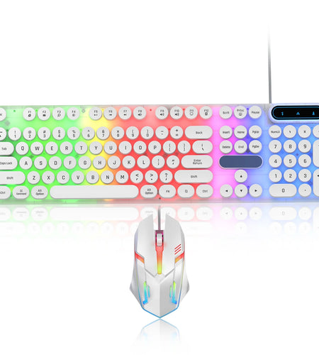 Gaming Keyboard and Mouse, Retro Punk LED Backlit Wired Computer Mouse and Keyboard Combo, for Game / Office, Windows Laptop PC (White)